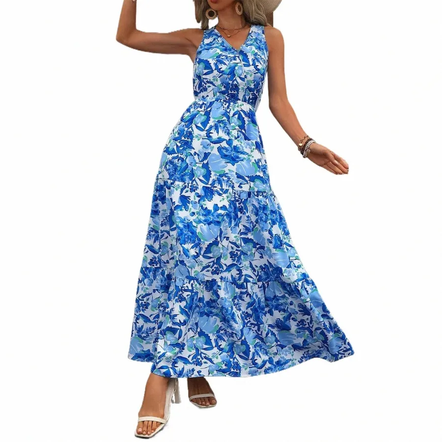 Flowy Summer Dress for Women Casual Sleeveless Long Floral Maxi Dress,  Elegant Beach Sundress