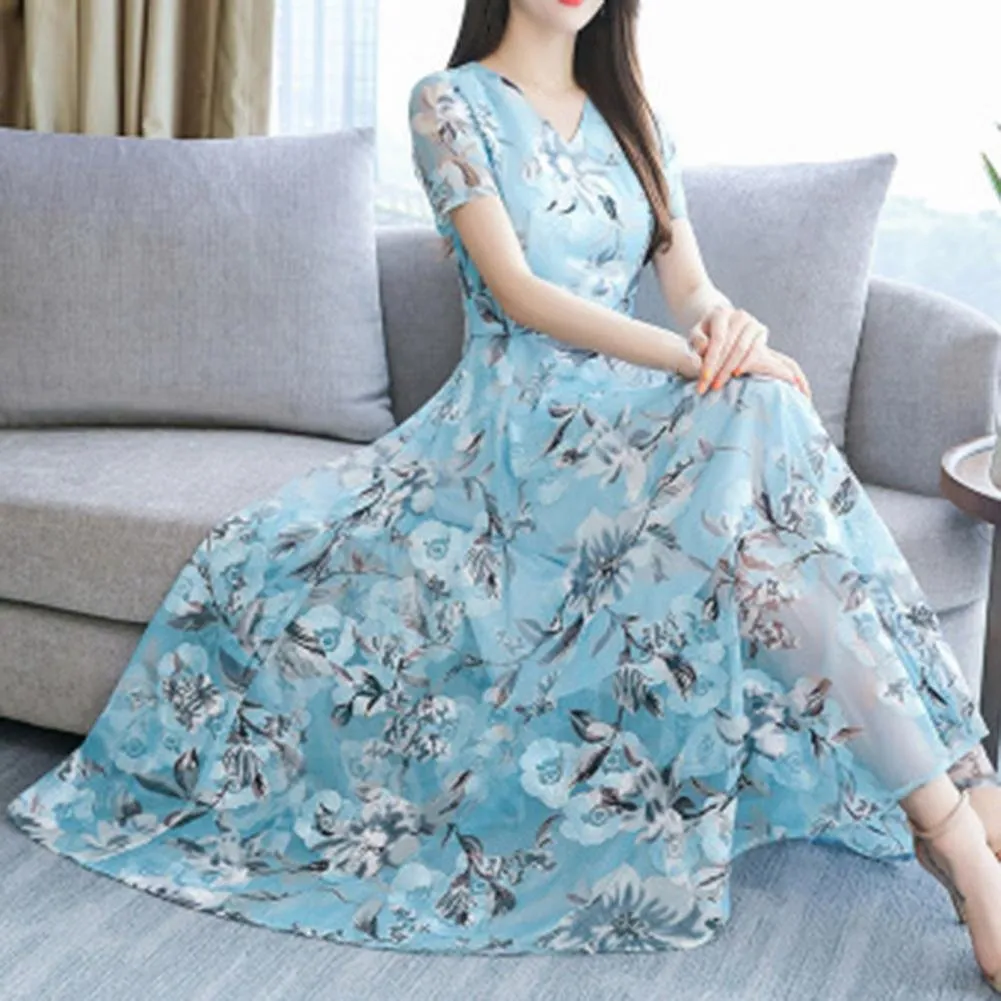 EXCHIC Women's Floral Print Midi Dress - High Waist, Short Sleeve, Knee Length, Stretchy Fabric - View #4