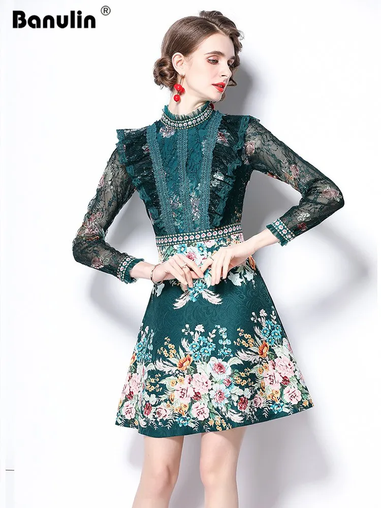 DHgate.com:Spring Floral Jacquard Dress: Beaded V-Neck Ruffle 