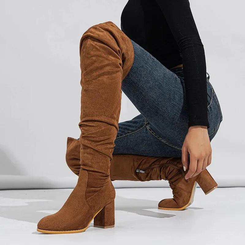 Women s 2024 Autumn Winter Over the Knee Leather Zip Thigh High Pointed Toe Square Heel Boots Black Brown