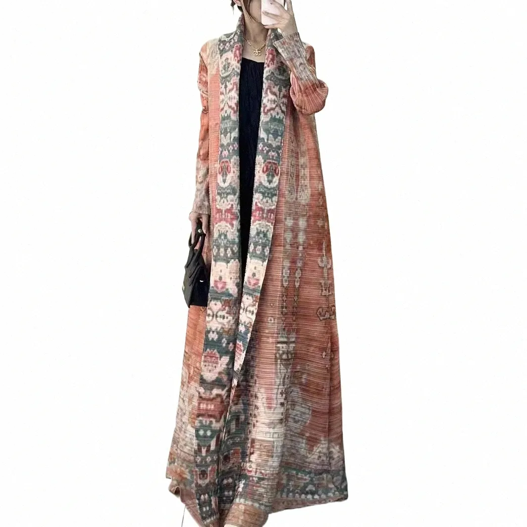 Elegant Spring Autumn Pleated Long Trench Coat Arabian Robe Peplum Jacket Cape Print