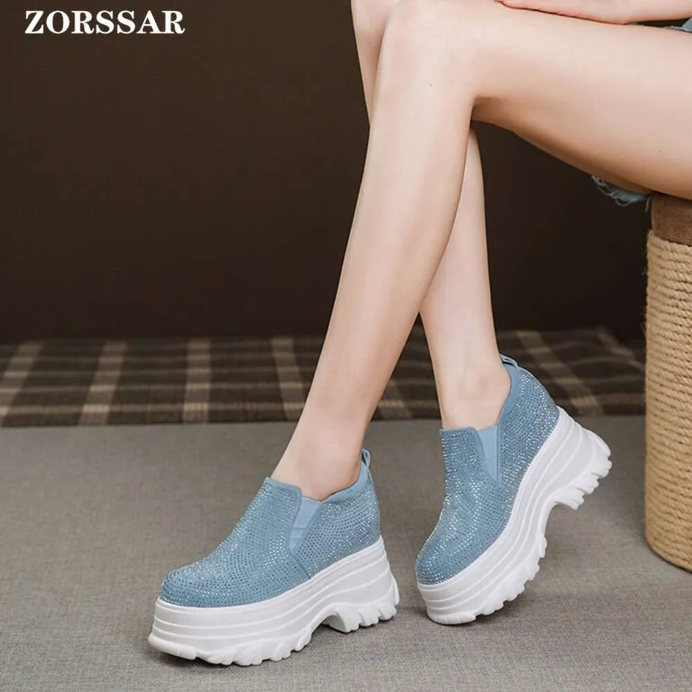 Blue Crystal Hidden Wedge Heels: Stylish Platform Sneakers