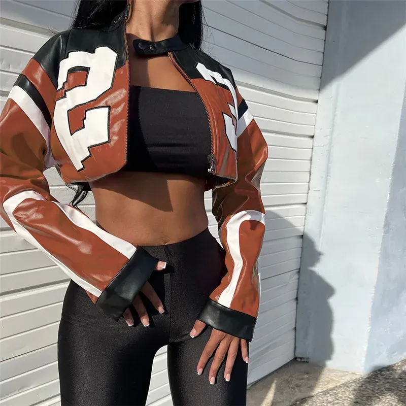 Faux Leather Zip-Up Moto Jacket for Women with Unique