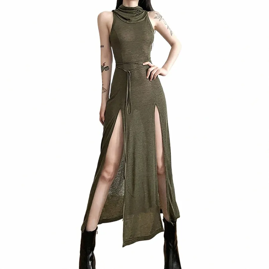 Womens High Neck Hooded Maxi Dress with Split Hem, 2024 Y2K