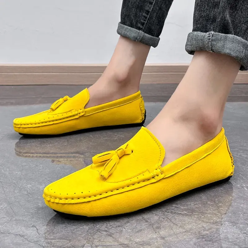 Yellow Leather Mens Casual Slip-On Loafers Soft Suede Flat  display picture 3