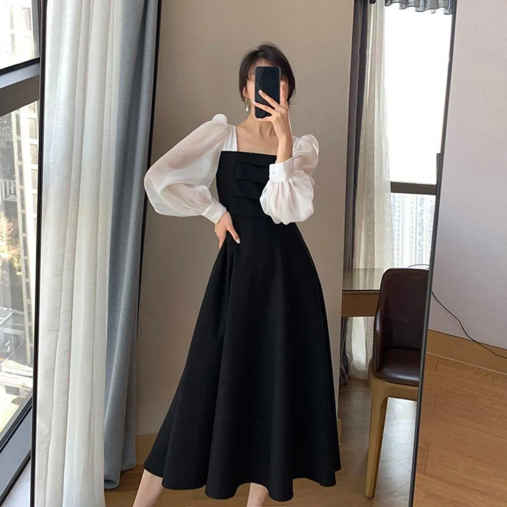 Elegant Patchwork Midi Dress: Long Sleeves, Square Neck, Vintage Style -  Shop Now!