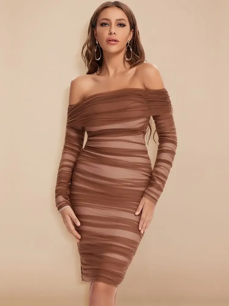 slim fit dress slacks Caspian Slinky and Mesh Off Shoulder Mini Dress / Ivory | Meshki main image 1