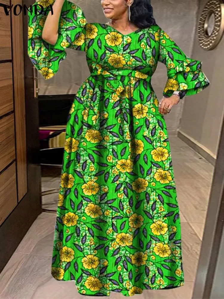 knee length dresses for ladies Plus Size 5XL VONDA Women Party Summer Long Maxi Dress Fashion Satin  Sundress Bohemian Round Neck 3/4 Bat Sleeve Vestidos Robe main image 1
