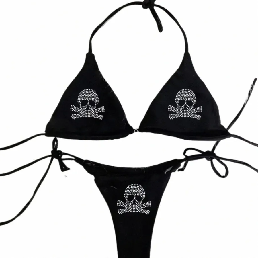 Y2K Rhinestone Skull Emo Bikini Set: Sexy Print Padded Bra Thong