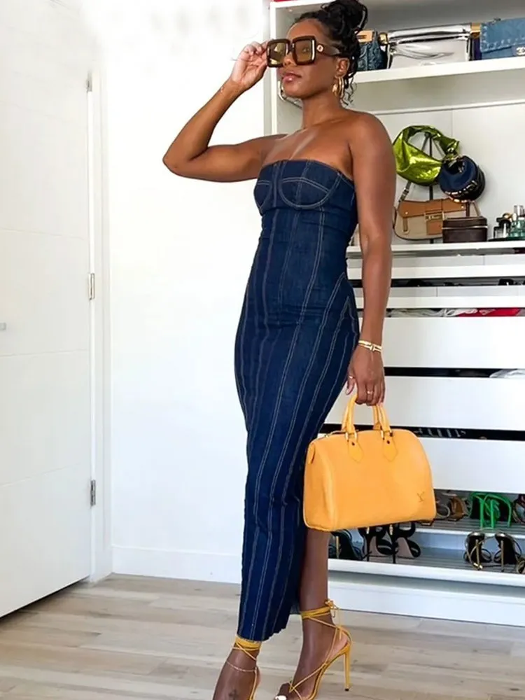 white christmas dresses Dark Wash Denim Midi Dress - All Dresses main image 1
