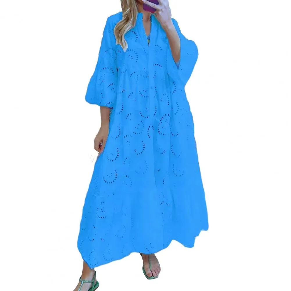 3/4 Sleeve Lotus Leaf Sleeve V Neck Openwork Maxi Dresses 3/4 Sleeve Lotus Leaf Sleeve V Neck Openwork Maxi Dresses