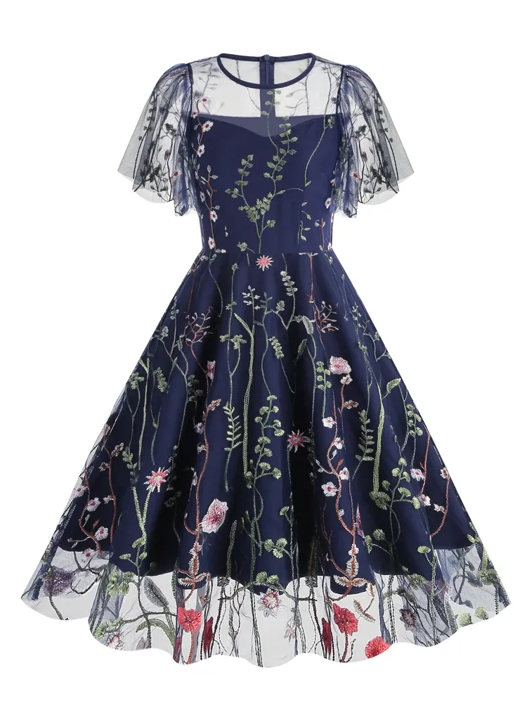 green emerald velvet dress A Line Floral Tulle V-Neck Short Sleeve Formal Evening Dress main image 0