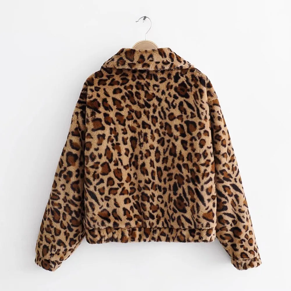 Womens Cozy Plush Leopard Print Zip-Up Jacket, Retro Casual
