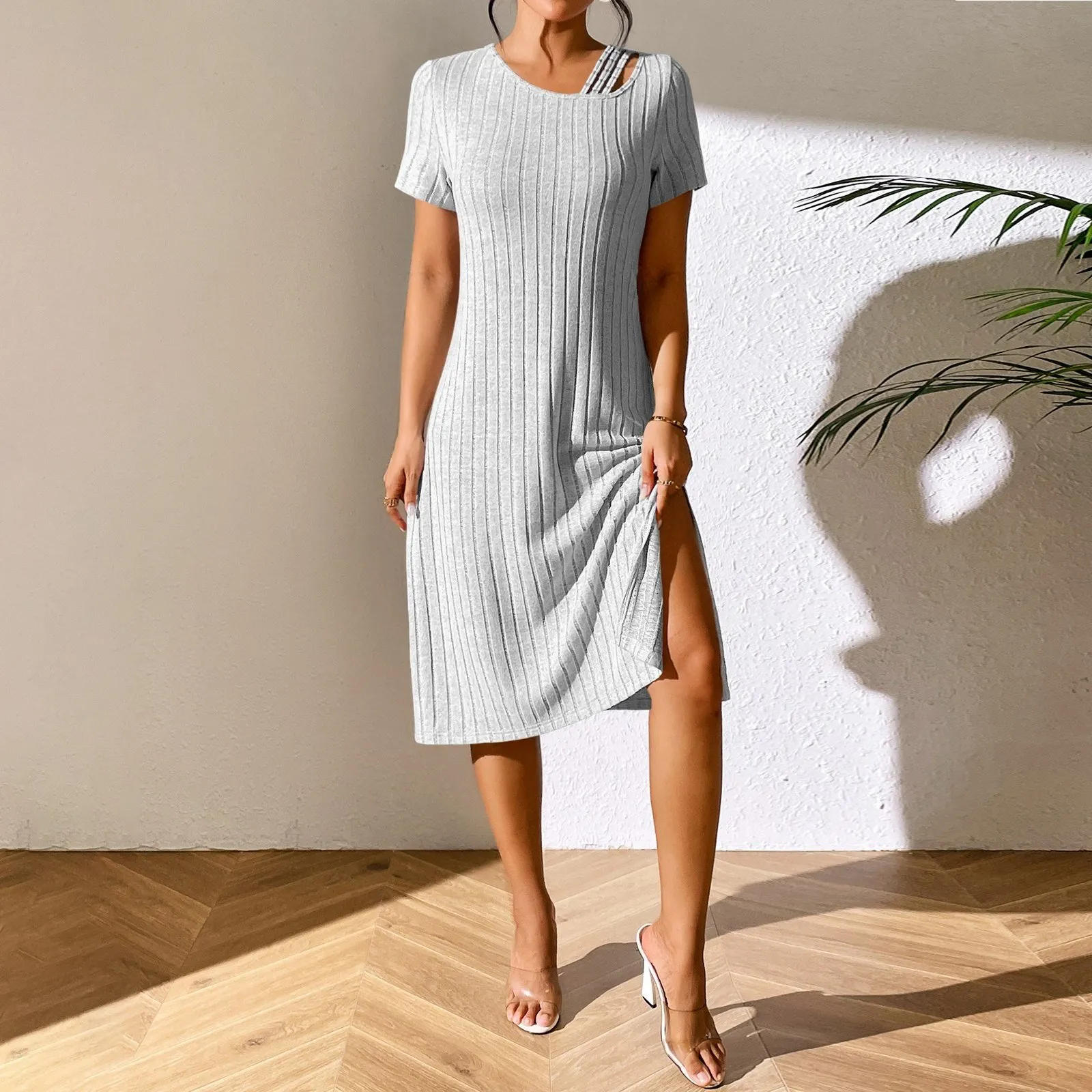 knee length dresses for ladies Sheena Square Neckline Side Split Midi Dress Ocean Blue main image 1