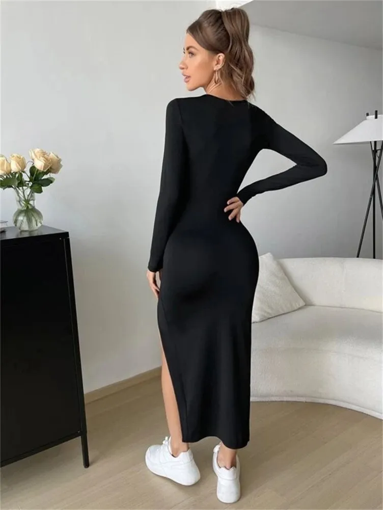 ribbed modal long sleeve maxi dress in black THE LUXE RIB LONG SLEEVE HENLEY MAXI DRESS - BLACK