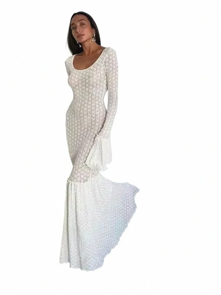 Alluring White Lace Maxi Dress: Gauzy Flare Sleeves Ruffle