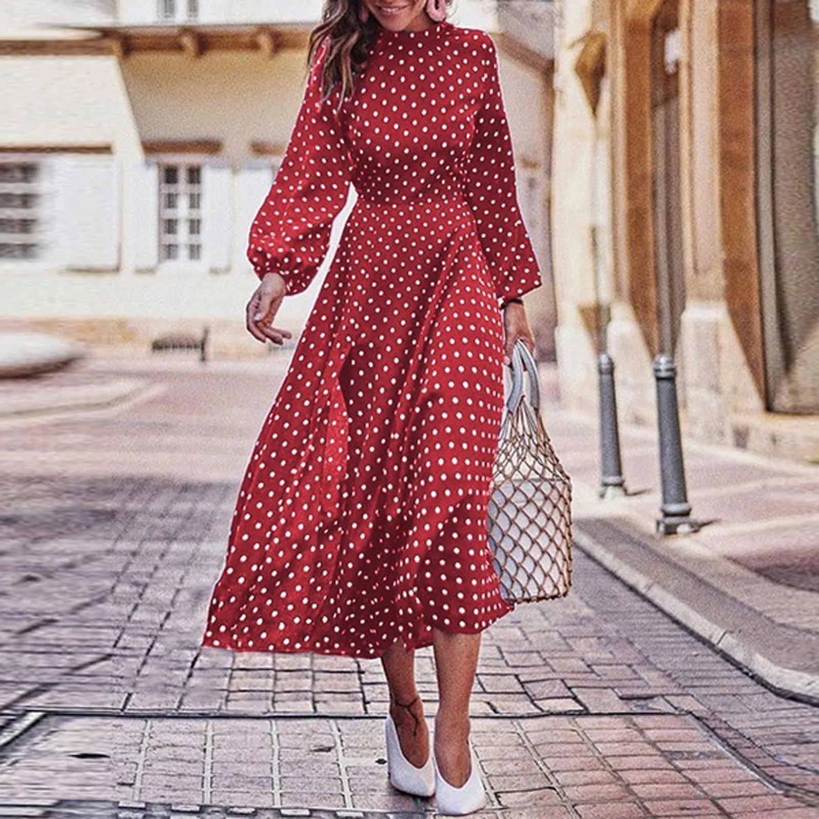 open lace back dress Red Maxi Dress | Red Polka Dot High Neck Wrap Maxi Dress