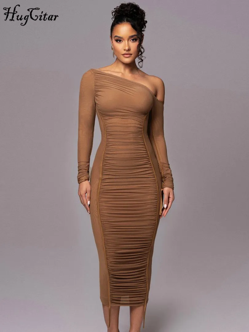 Sexy See-Through Draped Maxi Dress | Mesh Solid Diagonal Sexy See-Through Draped Maxi Dress | Mesh Solid Diagonal