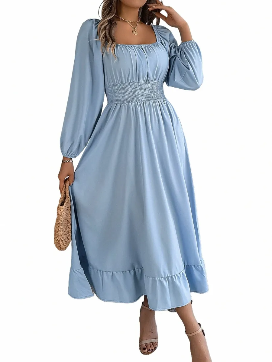 Square Neck Shirred Waist Ruffle Hem Ankle-Length Polyester Dress for Women  from Dhgate Basic & Casual Dresses - price 39.95