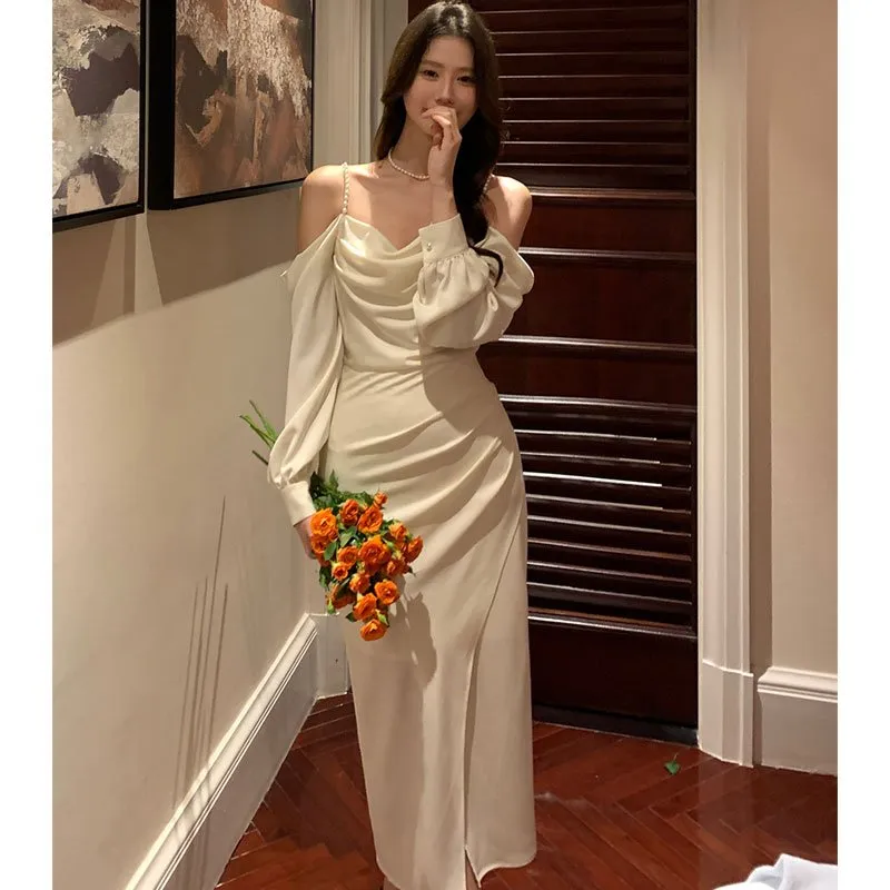 Vintage White Party Dress Women Sexy Off Shoulder Long Sleeve Retro  Patchwork Pearl Beading Club Strap Vestido