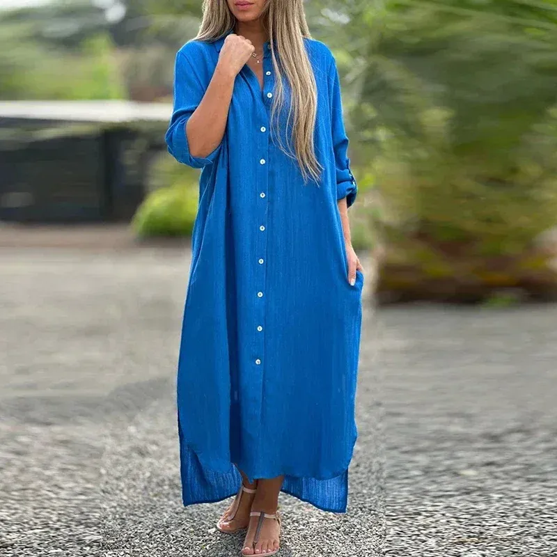 Lg Sleeve Maxi Dress Women Mid-Calf Turn Down Collar Hooded Button Shirt  Dress Polyester Natural Waistline from Dhgate Basic & Casual Dresses -  price 43.95