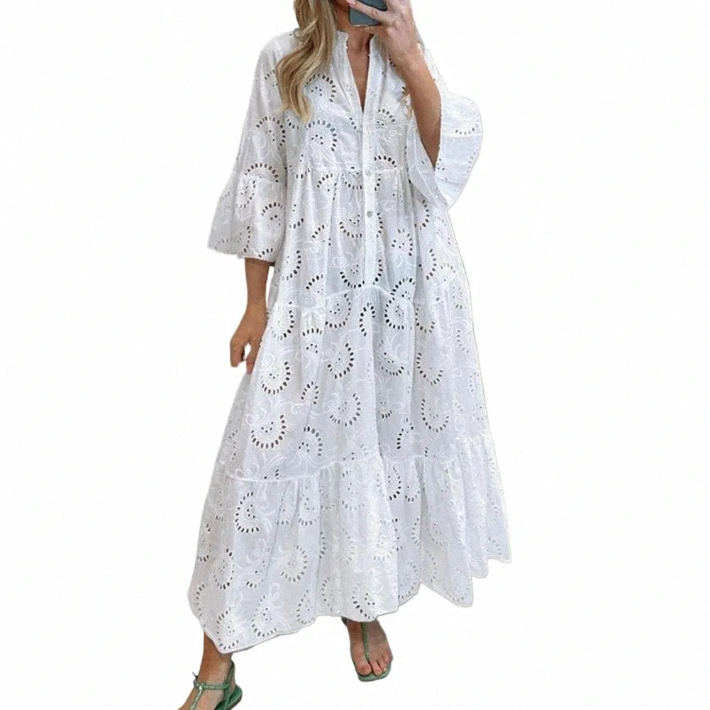 3/4 Sleeve Lotus Leaf Sleeve V Neck Openwork Maxi Dresses 3/4 Sleeve Lotus Leaf Sleeve V Neck Openwork Maxi Dresses