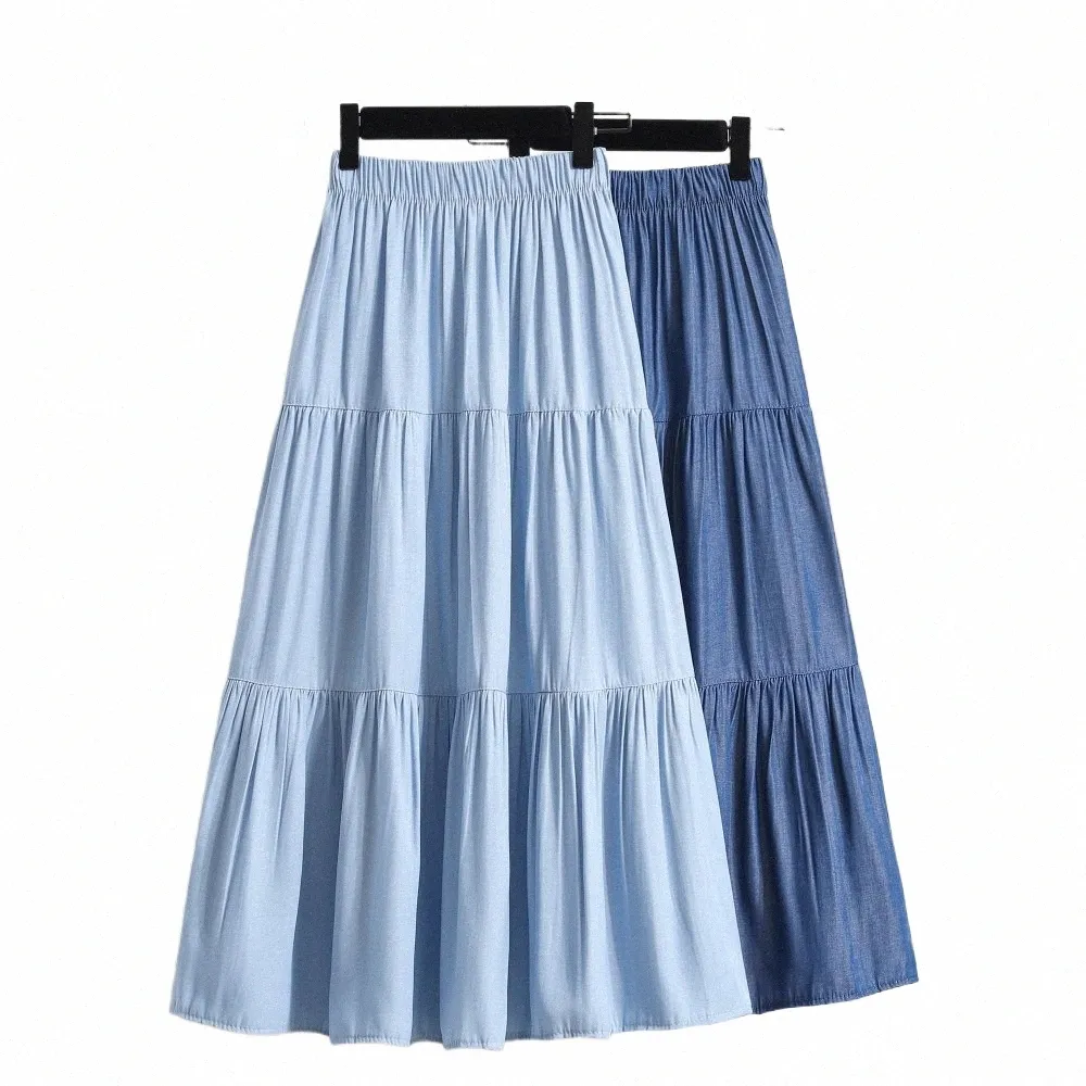Tencel Ice Cool Denim A-Line Maxi Skirt with Color Splicing for Summer