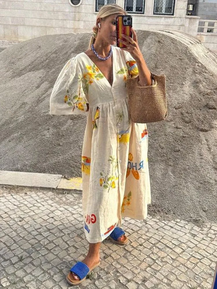 DHgate V Neck Puff Sleeve Loose Midi Dress Cotton A Line Summer Casual Dress Apparel