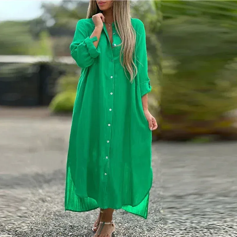 Lg Sleeve Maxi Dress Women Mid-Calf Turn Down Collar Hooded Button Shirt  Dress Polyester Natural Waistline from Dhgate Basic & Casual Dresses -  price 43.95