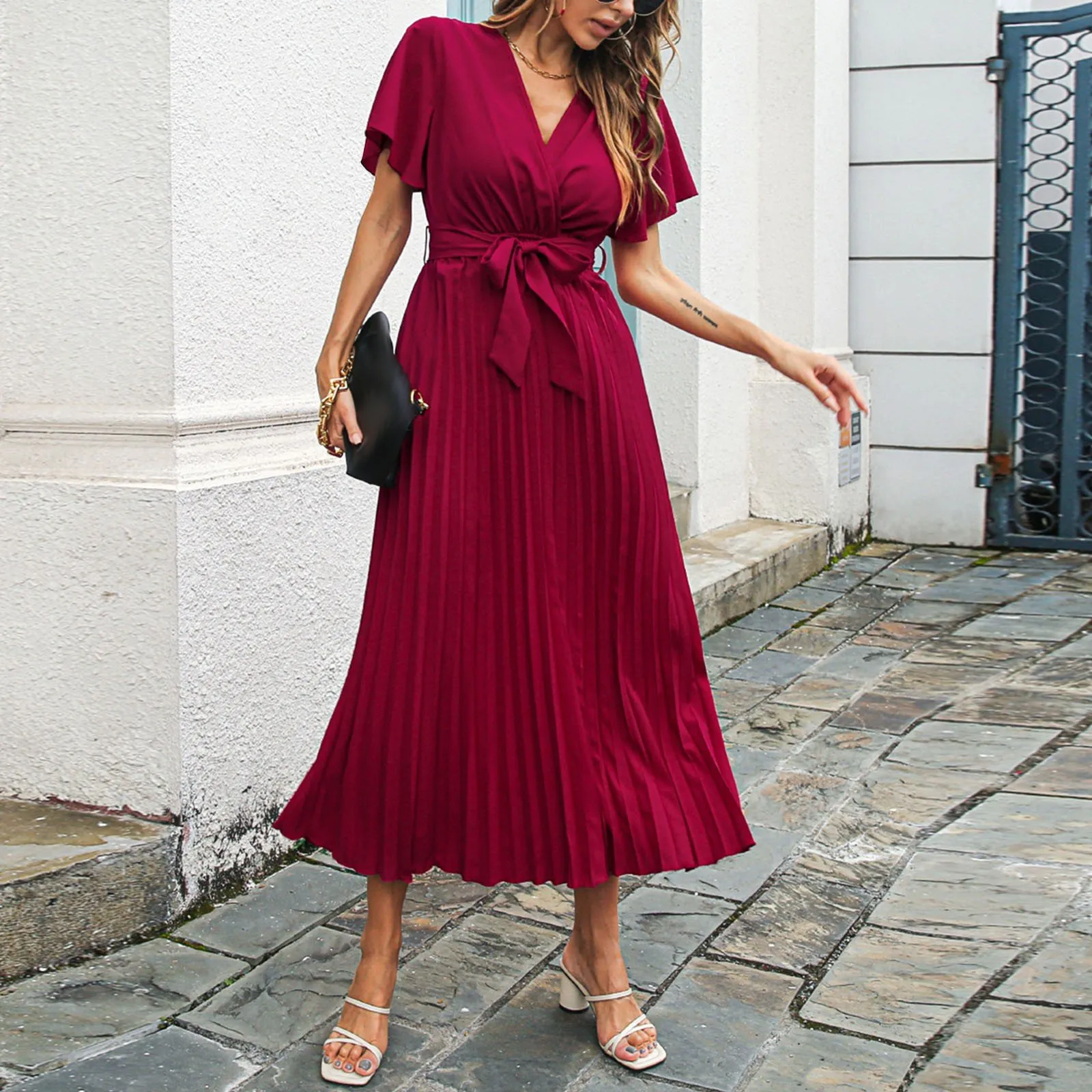 Womens Summer Pleated Maxi Dress with Belt Wrap V Neck Ruffle Cap Sleeves  Knee-Length Polyester from Dhgate Basic & Casual Dresses - price 42.59