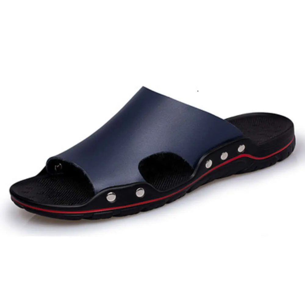 Genuine Leather Designer Slip-On Fur Sandals: Stylish Mens Slides