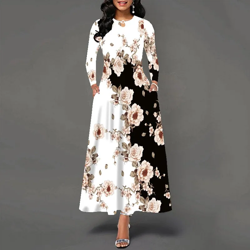 DHgate.com:Womens Autumn Winter Floral Print Maxi Dress with DHgate.com:Womens Autumn Winter Floral Print Maxi Dress with
