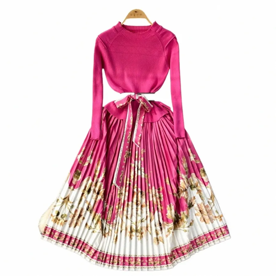 Autumn Ribbed Midi Sweater Dress Women Long Sleeve Pleated Knit Midi Robe