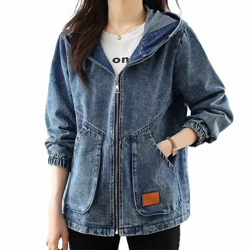 2024 Spring Autumn Womens Hooded Denim Jacket Korean Style Sense Appear