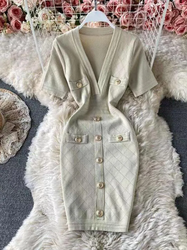 パーティードレス Deep V-Neck Knit Dress DHgate.com:Elegant Deep V-Neck Knit Dress: Short-Sleeved