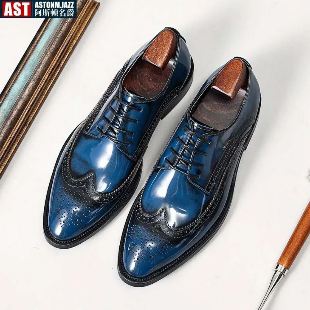 Handmade Mens Black Blue Leather Dress Slip-On Brogues with Lace-Up Closure  and Spool Heel from Dhgate Dress Shoes - price 92.93