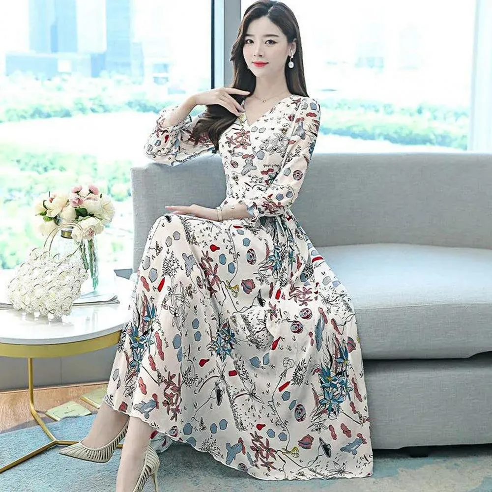 chinese dress ladies PRETTYGARDEN Women's Summer Maxi Dress Floral V Neck Short Sleeve Ruffle  Casual Midi Long Dress Black at Amazon Women's Clothing store main image 1