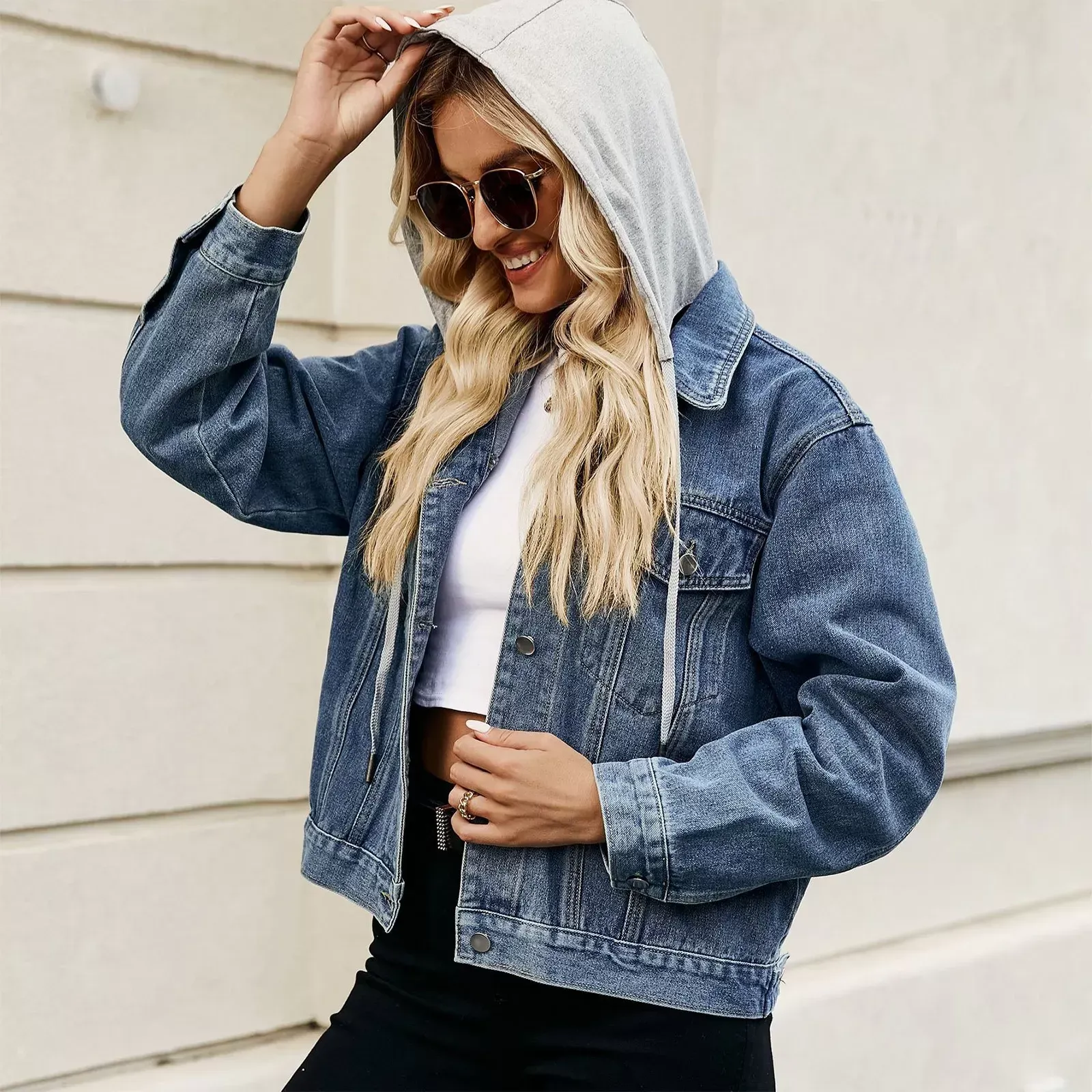 DHgate.com:Denim Jacket Womens Hooded Short Style, Fall Spring Loose  Fitting Casual Jean Jackets for Women:Apparel