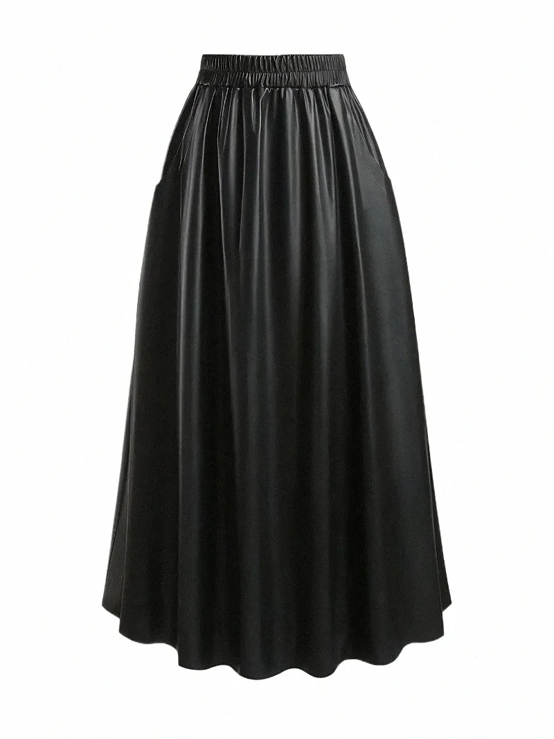 Women’s Faux Leather Maxi Skirt – Long A‑Line Elastic Waist Skirt, Plus Size Available, Polyester Spandex Blend - View #5