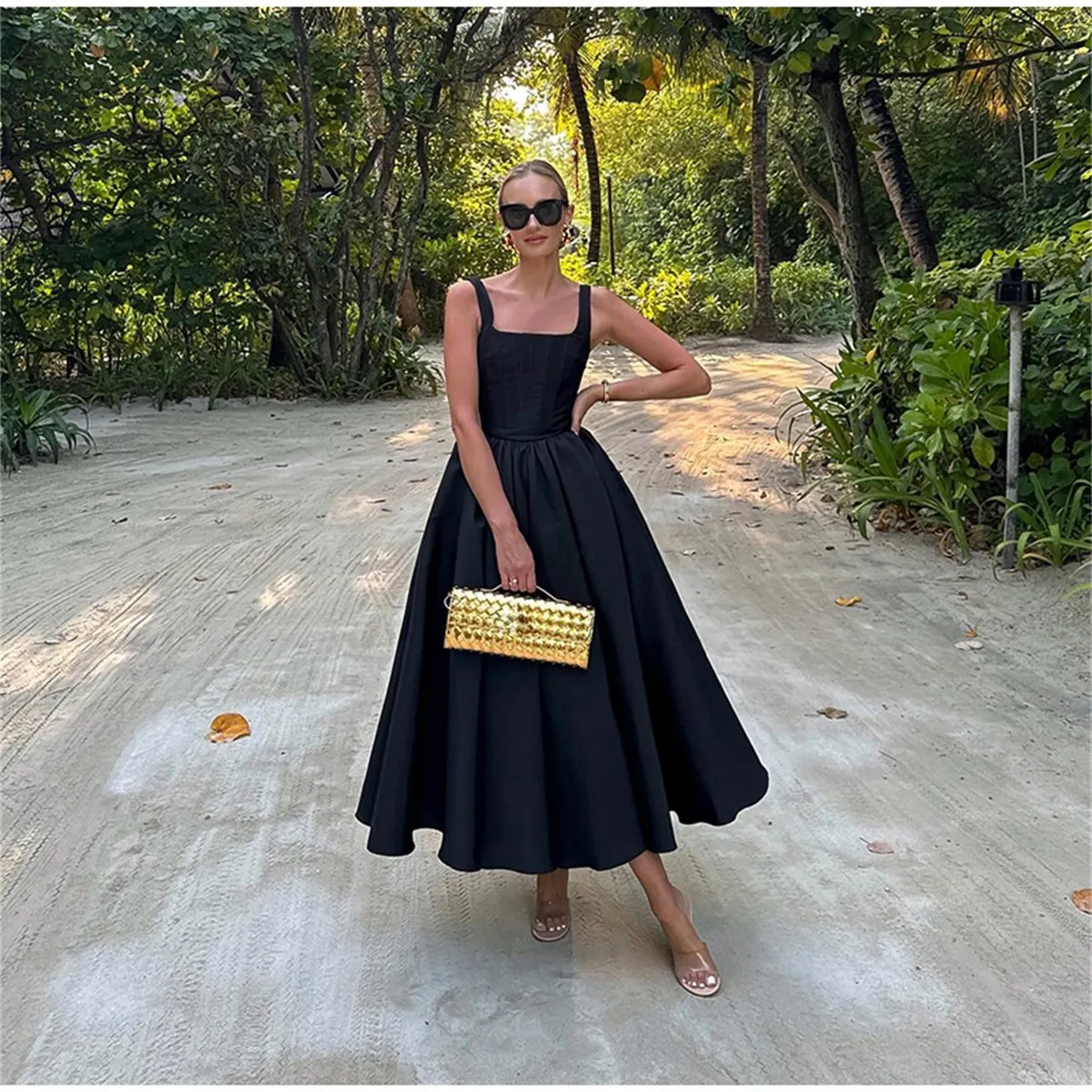 DHgate Off Shoulder Sleeveless Black Spaghetti Strap Dress Flowy Square Neck Casual Sundress with Large Hem Apparel