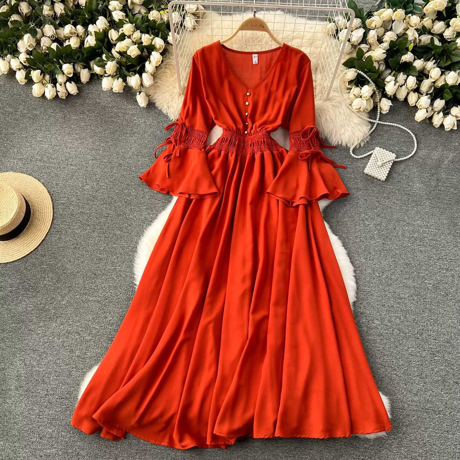 Pleated Maxi Dress Women Vintage V-Neck Short Sleeve Empire Waist  Ankle-Length A-Line Polyester Summer Dress from Dhgate Basic & Casual  Dresses - price 48.49