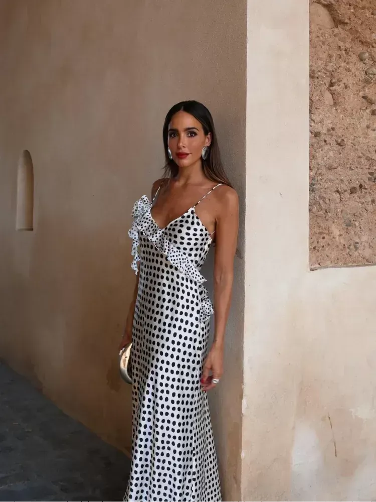 2024 Women s Polka Dot Ruffle Maxi Dress with Backless Flare and Suspenders Perfect Summer Party Club Wear