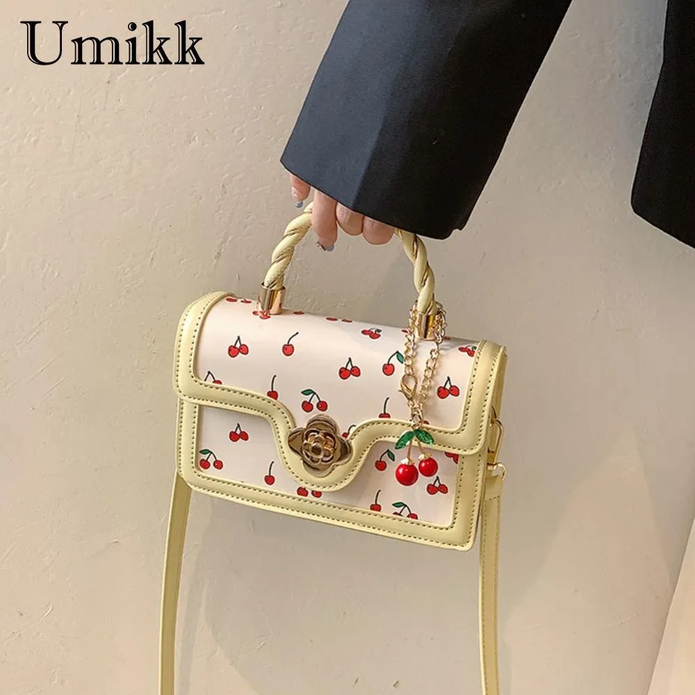 Women Cherry Square Chain Bag Genuine Leather Floral Pattern Hasp