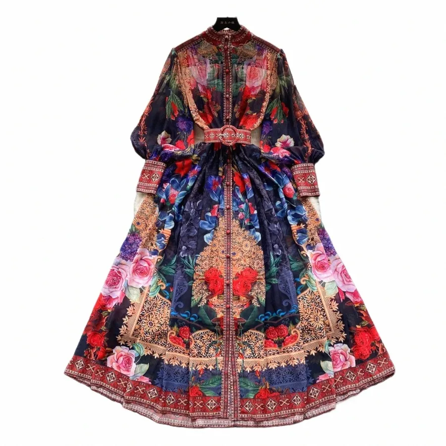 Elegant Print Patchwork Long Sleeve Single Breasted A-line High Waist  Autumn Dress for Women