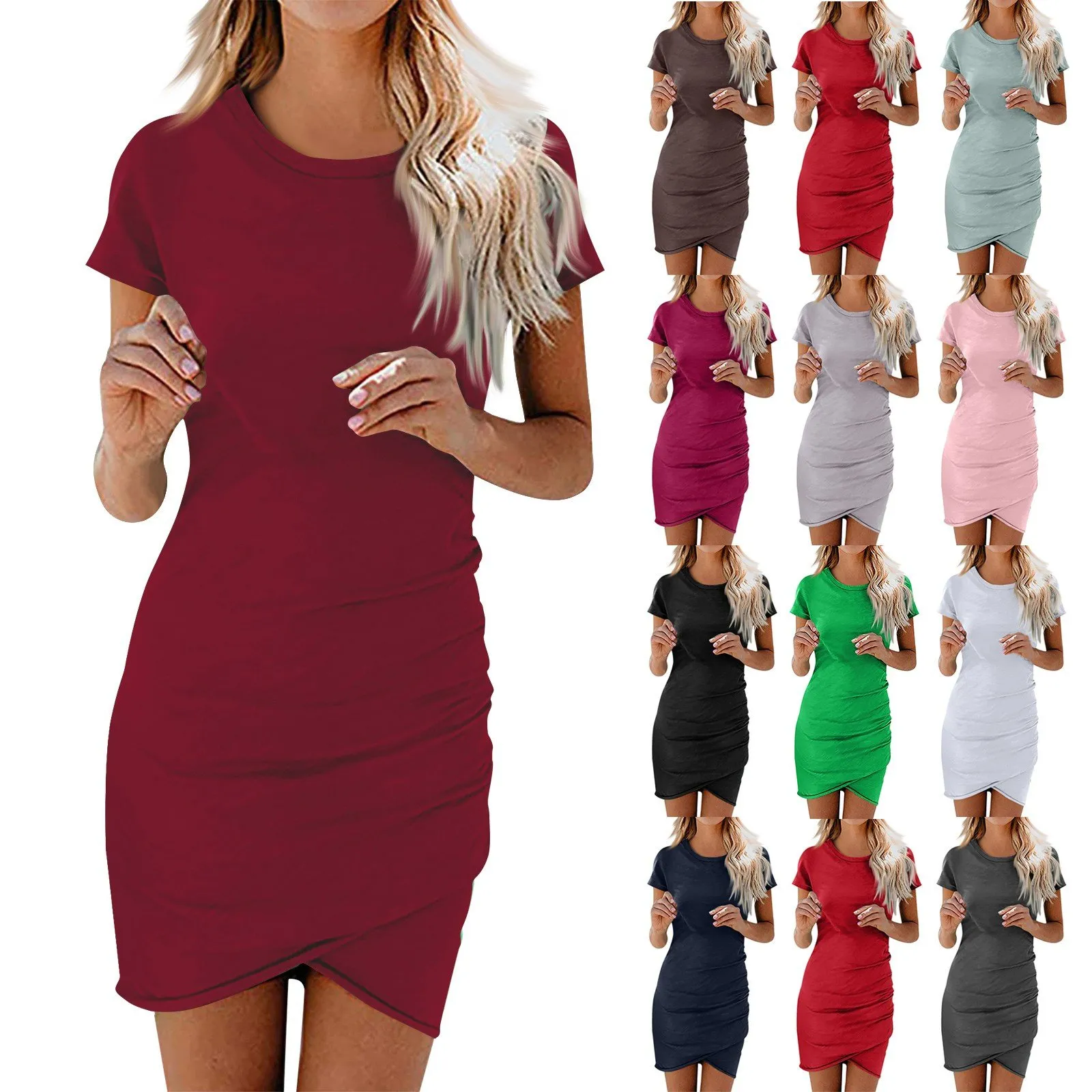DHgate Summer Wrap Dress Round Neck Short Sleeve Pleated Slim Fit Casual Party Club T Shirt Dresses Apparel