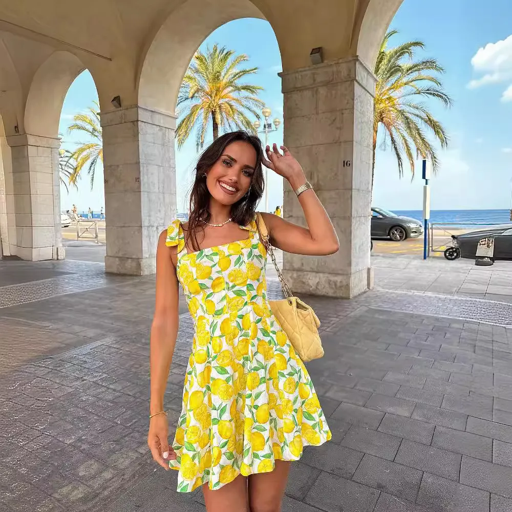 Chic Lace-up Lemon Print A-line Mini Dress for Summer