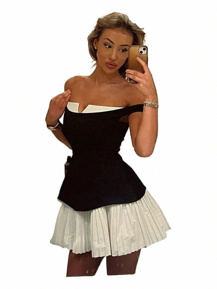 knee length dresses for ladies Contrast Patchwork Off Shoulder Flared Mini Dress – Highly Praise main image 0