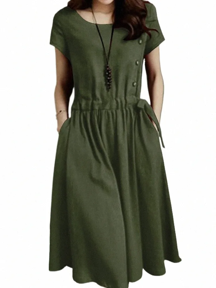 Zanzea Summer Vintage Cotton Dress Women Short Sleeve Solid Drawstring  Waist Casual Knee-length Sundress from Dhgate Urban Sexy Dresses - price  25.09