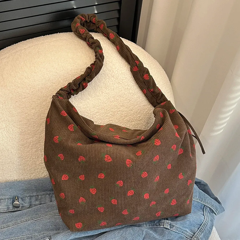 DHgate Corduroy Strawberry Satchel Bag for Women Ruched Strap Large Capacity Perfect for Dating Bags Luggage Accessories