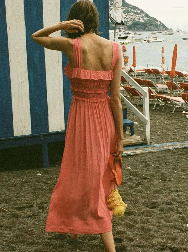 Summer Chic: Women's Fitted Tank Top Dress with Ruffle Trim, Square Neckline, Sleeveless Design, Backless Midi Swing Maxi for Beach Vacation Party Summer Chic: Women's Fitted Tank Top Dress with Ruffle Trim, Square Neckline, Sleeveless Design, Backless Midi Swing Maxi for Beach Vacation Party
